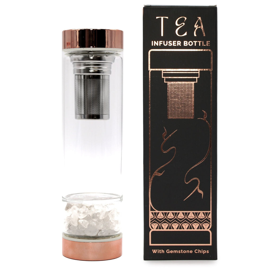 Crystal Glass Tea Infuser Bottle - Rose Gold - Rock Quartz - Rooted in Magic Crystal Glass Tea Infuser Bottle